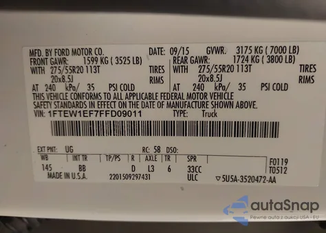 2015 Ford F-150 Platinum z USA, uszkodzony, nr VIN 1FTEW1EF7FFD09011